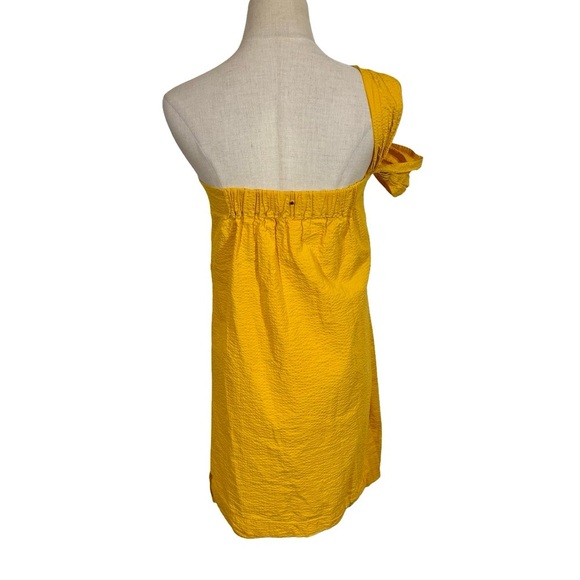 Cuyana Seersucker Twisted Shoulder A-Line Asymmetric Dress in Daffodil - Picture 7 of 9